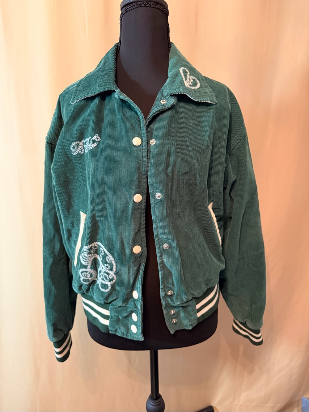 BDG Green Corduroy Varsity Jacket with White Embroidery